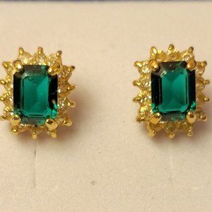 PRONG SET GREEN FAUX EMERALD & DIAMOND STUD EARRINGS